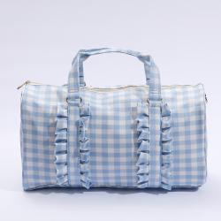 Keymay Stock Large Capacity Waterproof Lightweight Collapsible Weekender Overnight Folding Ruffle Gingham Gym Travel Duffle Bag