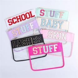 Keymay Custom Personalized Clear Cosmetic Bag Waterproof Toiletry Chenille letters Bag Transparent Pvc Women Zipper Makeup Bag