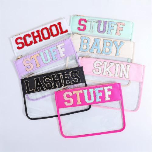 Keymay Custom Personalized Clear Cosmetic Bag Waterproof Toiletry Chenille letters Bag Transparent Pvc Women Zipper Makeup Bag