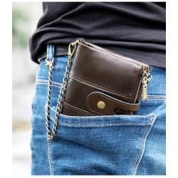 CST-002 Hot Selling Fashion Real Genuine Leather Men Wallet Pocket Card Purse Men Cool Wallet Chain Buckle Type RFID Anti-theft