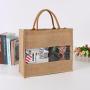 Customized portable burlap PVC transparent window burlap bag storage jute cloth bag waterproof tote burlap bag