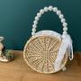2024 Handmade Summer Straw Beach Bali Tote Bag with pearl chain Bamboo Woven Rattan bucket Bag With Pearl Handle