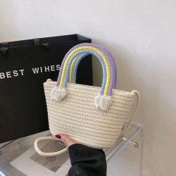 Gelory 2023 Summer new rainbow cotton rope shoulder bag seaside holiday woven bag