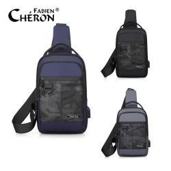 Hot Sale Fashion Designer Luxury Custom Blue Gray Camo Side Men Sling Crossbody Chest Bag With Usb Port Charging