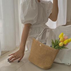 ZR435 Women Woven Bag Carrying New Seaside Summer Beach Vacation Versatile Retro Handbag Girl Bag Woolen Cloth Shopping Bag