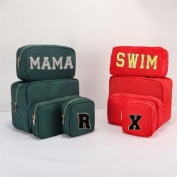 Keymay Christmas Gift Personalized Chenille Letter Nylon Cosmetic Pouch Travel Organizer Toiletry Bag Waterproof Makeup Bags