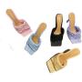 Summer Fashion Women Woven Rattan Flat Slippers Ladies Square Toe Pu Leather Slip On Slide Sandals