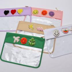 Keymay No MOQ Personalized Chenille Glitter Letter Waterproof  Transparent Makeup Pouch Bag Pvc Cosmetic Bag Clear Makeup Bag