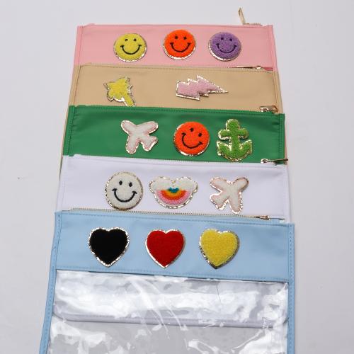 Low MOQ Toiletry DIY Chenille Letter Flat Pouch with Zipper Embroidery  Nylon Clear makeup bags Transparent  PVC Cosmetic Bag