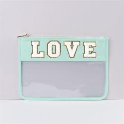 Keymay Custom Personalized Gifts Cosmetic Bag Cute Chenille Letter Patch Makeup Organizer Bag Waterproof Pvc Clear Toiletry Bag