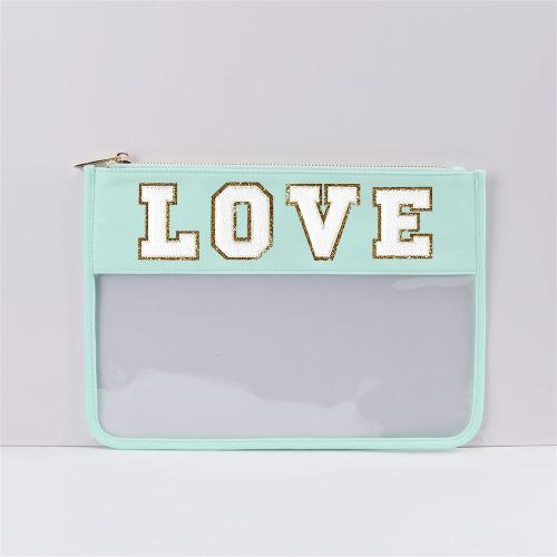 Keymay Custom Personalized Gifts Cosmetic Bag Cute Chenille Letter Patch Makeup Organizer Bag Waterproof Pvc Clear Toiletry Bag