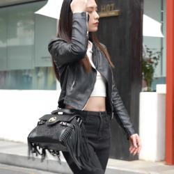 Ladysky fashion Tassels ladies bags individuality and punk handbag for women glisten material female shoulder bags factory 28 cm