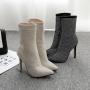 Crystal Thin High Heel Ankle Boots For Women Sexy Pointed Toe Short Boots Side Zipper Fashion Ladies Shoes