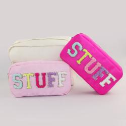 Keymay Hot Sale DIY Personalized Chenille Letter Embroidery Wedding Gift Bride Pouch Bag Cosmetic Travel Bag Nylon Zipper Pouch