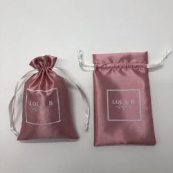 Flexography Custom Logo Printed Pink Satin Hair Dust Bag For Wig Package Satin Drawstring Pouch