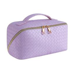 Travel Makeup Pouch With Handle And Divider Flat Lay Checkered Cosmetic Bags