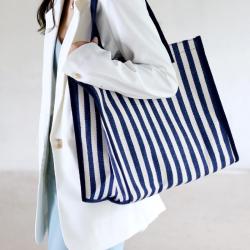 HR127 Folding Portable Shopping Bags Canvas Environmental Protection Waterproof Storage Bags Striped Storage Shoulder Handbag