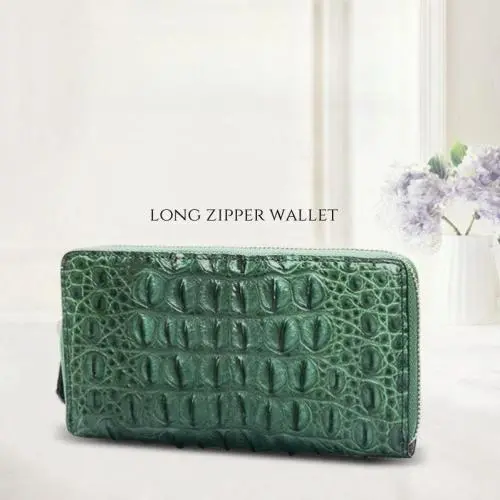 Custom Made Luxury Fashion Genuine Crocodile Skin Leather Women Ladies Green Long Zipper Credit Card Wallet For Woman