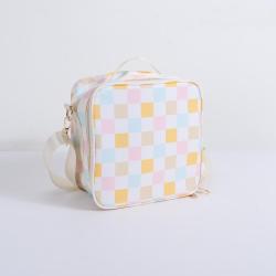 Keymay Custom Logo Color Plaid Kids Lunch Box Insulated Soft Bag Mini Cooler Back to School Nylon Shoulder Cooler Bags for Lunch