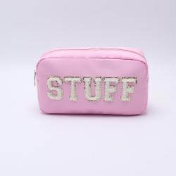Keymay Custom Chenille Letter Patches Pink Travel Toiletry Zipper Pouch Makeup Bags for Women Cosmetic Bag Wholesale
