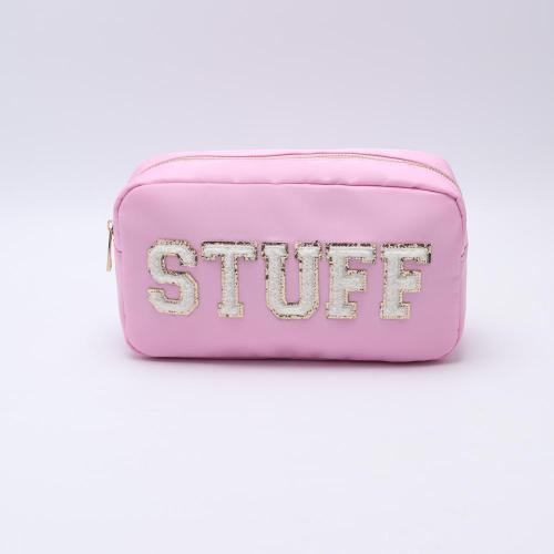 Keymay Custom Chenille Letter Patches Pink Travel Toiletry Zipper Pouch Makeup Bags for Women Cosmetic Bag Wholesale