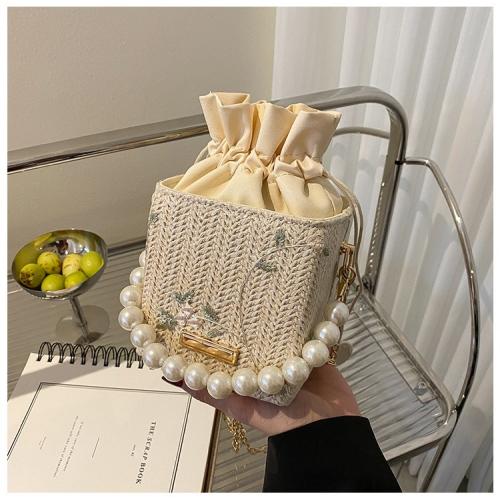 Pearl Chain Women Fashion Handbags Braid Bucket Handbags Brands China Shoulder Bags Drawstring Printing Wholesale Women Handbags