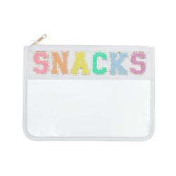 Low MOQ Stock Wholesale Travel Snacks Embroidered Letter Makeup Organizer Pouch Personalized Chenille Patches Pvc Cosmetic Bag