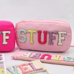Custom Personalized Ladies Girls Hot Pink Embroidery STUFF Zipper Pouch Makeup Bag Organizer Large Nylon Cosmetic Bag