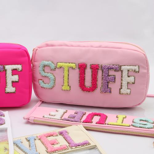 Custom Personalized Ladies Girls Hot Pink Embroidery STUFF Zipper Pouch Makeup Bag Organizer Large Nylon Cosmetic Bag