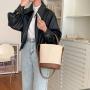 2023 Korean Style Large Capacity Handbag Fashion Stye cross-body single shoulder bag niche stitching canvas Bag bucket bag