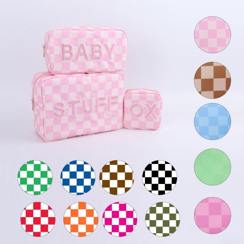 Keymay High Quality Embroidery Letter Patches Plaid Cherecked Custom Printed Cosmetic Bag Travel Organizer Pouch Bag Makeup
