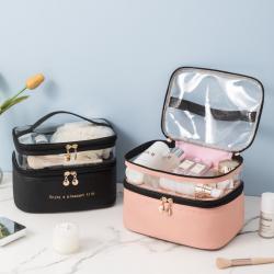 Multifunction Transparent Large Capacity Zipper Makeup Bag Double Layer PVC PU Toiletry Cosmetic Bag