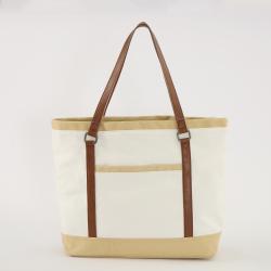Custom Classic PU Leather Trim Women Ladies Natural Beige Big Beach Canvas Bag Customized Canvas Tote Bags With Front Pocket