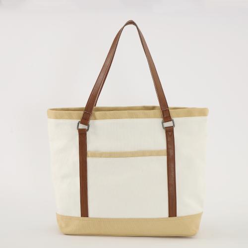 Custom Classic PU Leather Trim Women Ladies Natural Beige Big Beach Canvas Bag Customized Canvas Tote Bags With Front Pocket