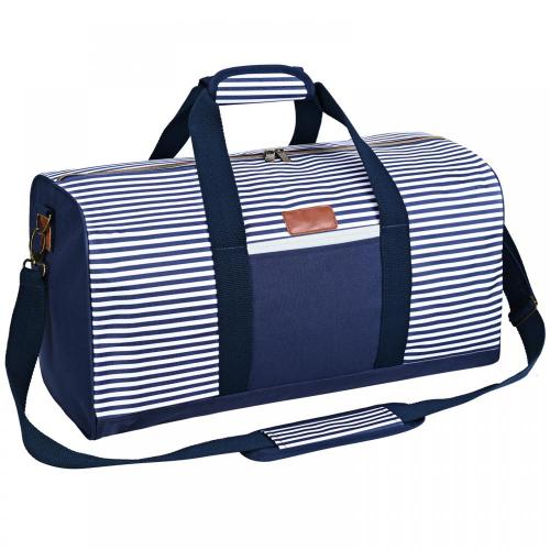 Customized Logo Blue Strip Nylon Shoulder Sport Weekender Bags Hand Carry Travel Overnight Duffle Bags for Women Men