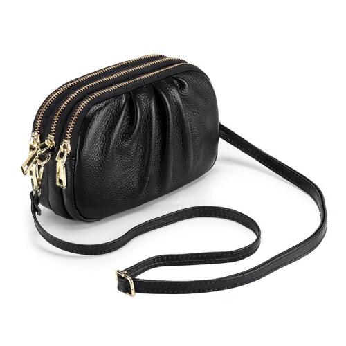 Genuine leather women's crossbody bag new wrinkled bag soft leather three-layer zippered shoulder bag