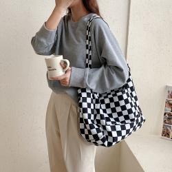 Wholesale reusable women's leisure soft new shopping shoulder bag popular canvas bag large capacity black white check tote bag
