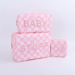 Keymay High Quality Custom Print Pattern Embroidery Letter Cherecked Plaid Cosmetic Bag Initial Makeup Bag Custom Print Pouch