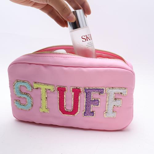 Hot selling Low MOQ Stock Nylon Waterproof Makeup Organizer Pouch Portable Zipper Travel Custom Logo Embroidery Cosmetic Bag