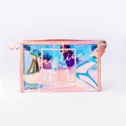 Gelory Custom Laser Logo Plastic PVC Pink Jelly Glitter Makeup Bag Women Travel Toiletry Cosmetic Bag Holographic