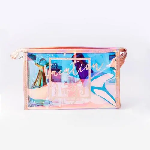 Gelory Custom Laser Logo Plastic PVC Pink Jelly Glitter Makeup Bag Women Travel Toiletry Cosmetic Bag Holographic