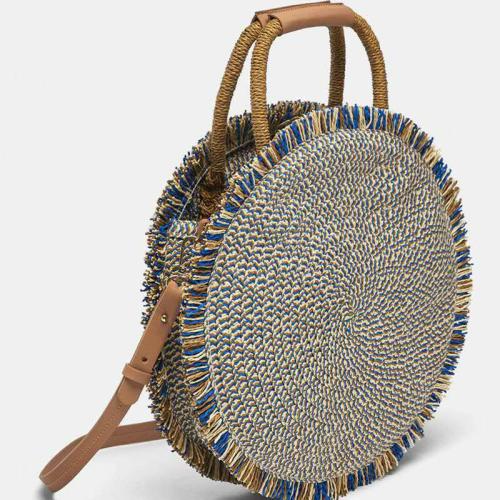 Wholesale 2024 Fashion leather fringe straw woven round bag Beach Bags Women's handbag shoulder Bag