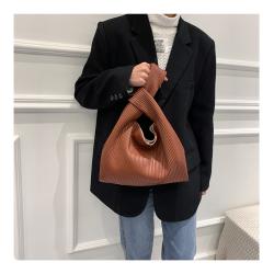 Trendy Lady Designer Bags PU Leather Solid Color Strips Pattern Tote Purse for Women Magnet Button Handbag