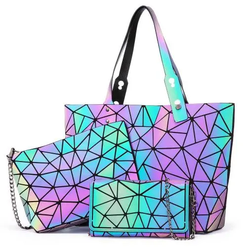LOVEVOOK Brand  Reflection Purses shoulder bags wallet 3 pieces Set Ladies Geometric Luminous Bag geometric women Handbags
