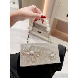 New Evening Bag Sparkling Diamond Bow Small Square Crossbody Bag Pearl String Handbag Dress Clutch Bag