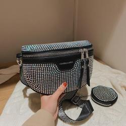2024 new rhinestone silver leather bag women shoulder bag upgrade fashion atmosphere semi-oval handbag