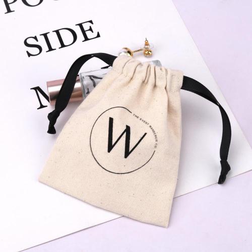 Custom Logo Printed Small Cotton Canvas Cosmetic Gift Packaging Bag Natural Drawstring Dust Jewelry Pouch