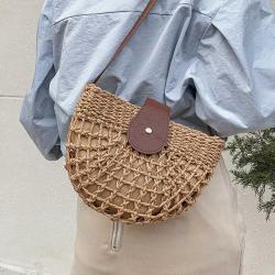 Hollow half round grass woven single shoulder crossbody leisure woven bag vacation beach bag