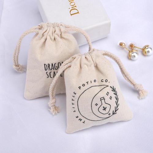 8 Oz Custom Logo Printed Natural Canvas Drawstring Jewelry Pouch Small Organic Cotton Gift Jewelry Bag