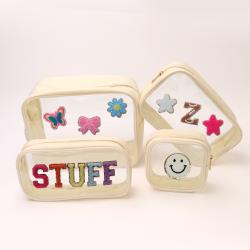 Wholesale Stock Custom Chenille Letter Patches Clear Zipper Luxury Ladies Fashion Designer PVC Travel Bag